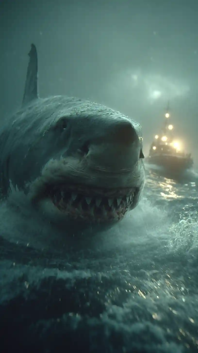Colossal shark erupting from stormy ocean at twilight