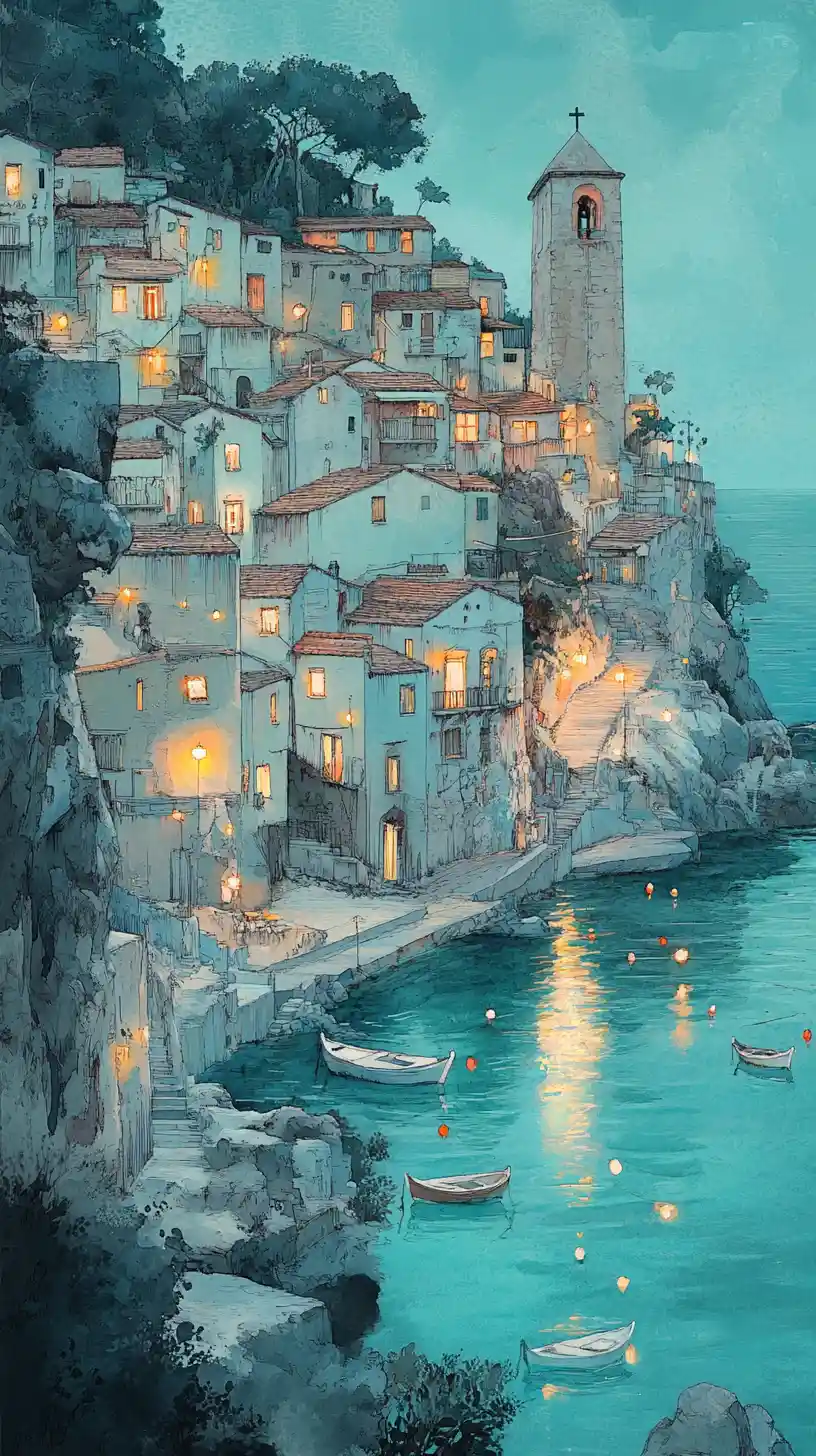 Twilight watercolor view of a Mediterranean cliffside harbor village