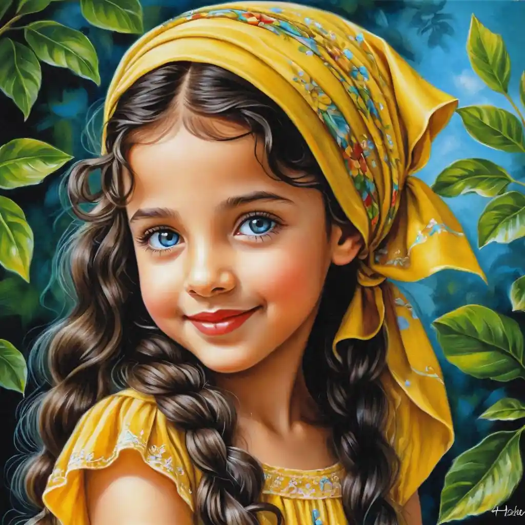 Smiling blue eyed girl in yellow summer dress illustration