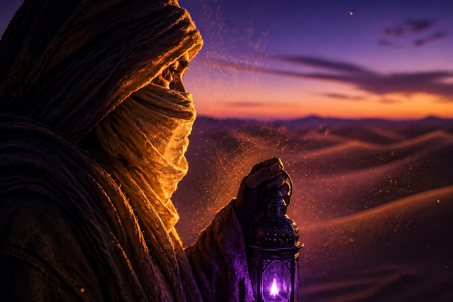 Nomad in lantern light at dusk among distant sand dunes