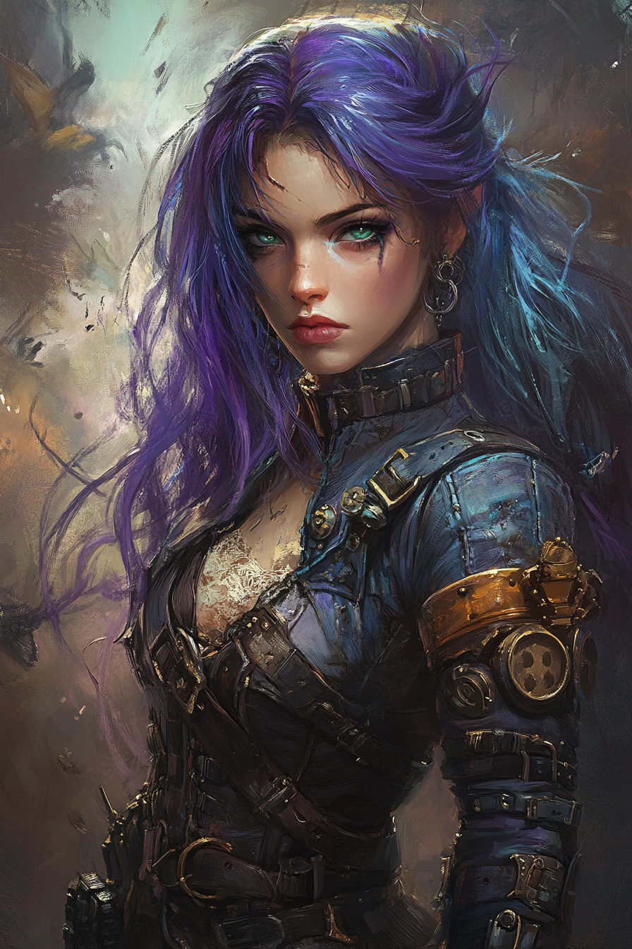 Steampunk outlaw woman with glowing arcane technology