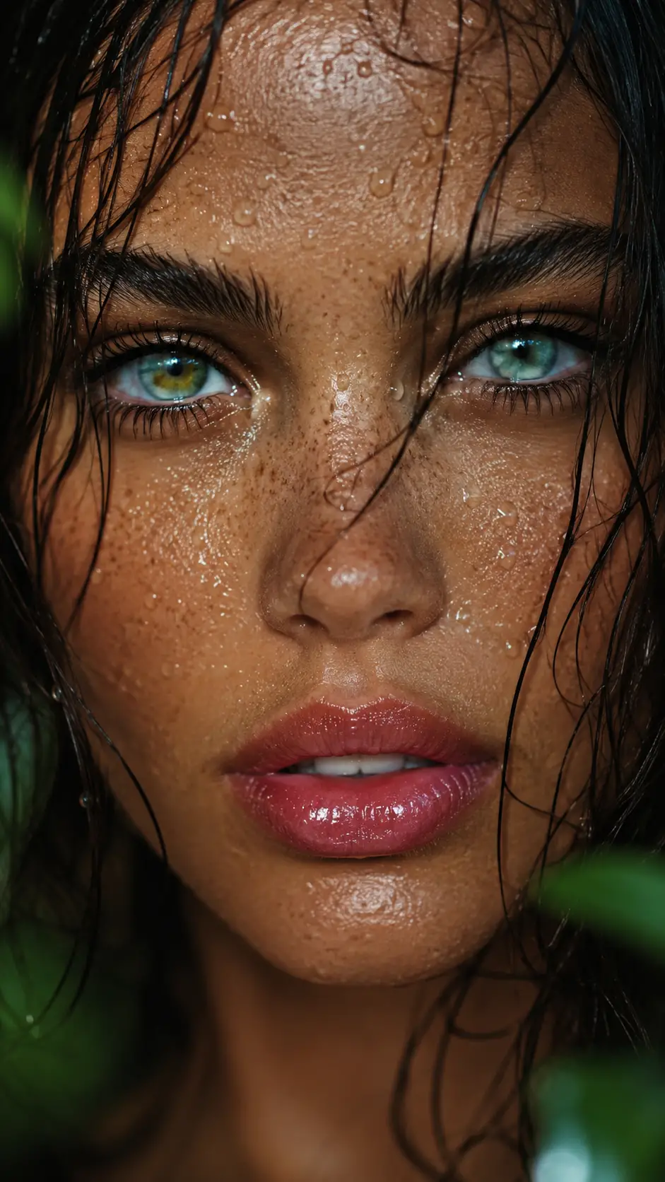 Wet beauty close up of freckled woman with glossy lips