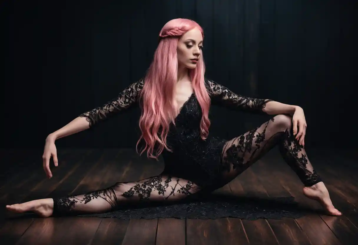 Woman in wide split pose on dark wooden dance floor