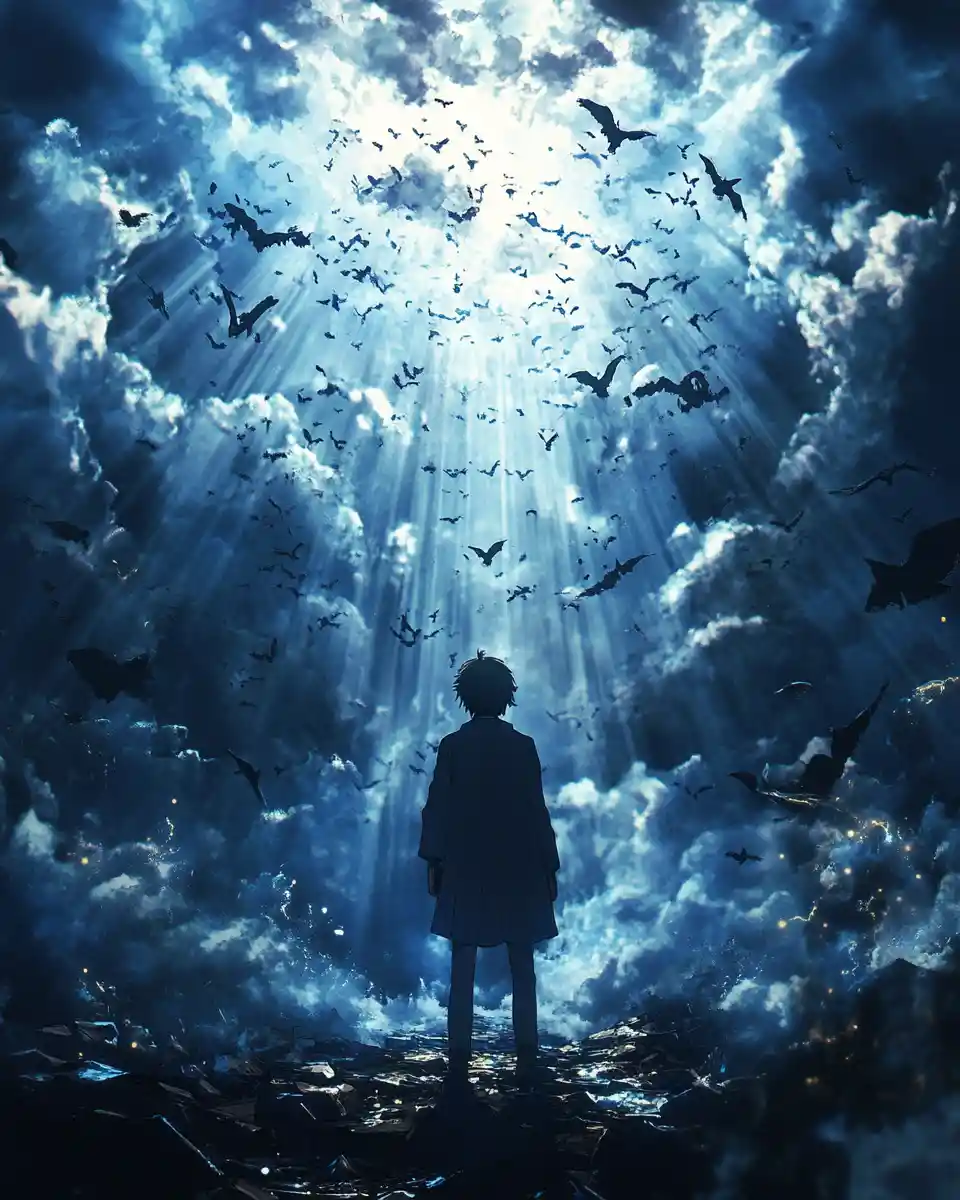 Anime figure in dramatic light within a surreal inner world