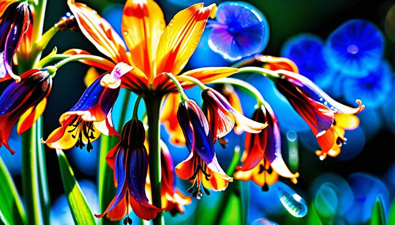 Macro bee on rainbow bluebell flowers by a clear stream