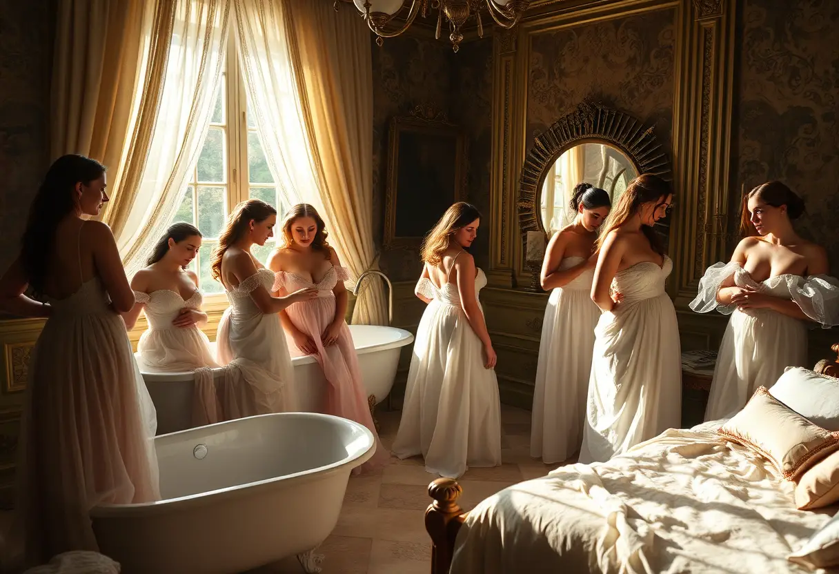Elegant court ladies undressing in a Louis XIV boudoir