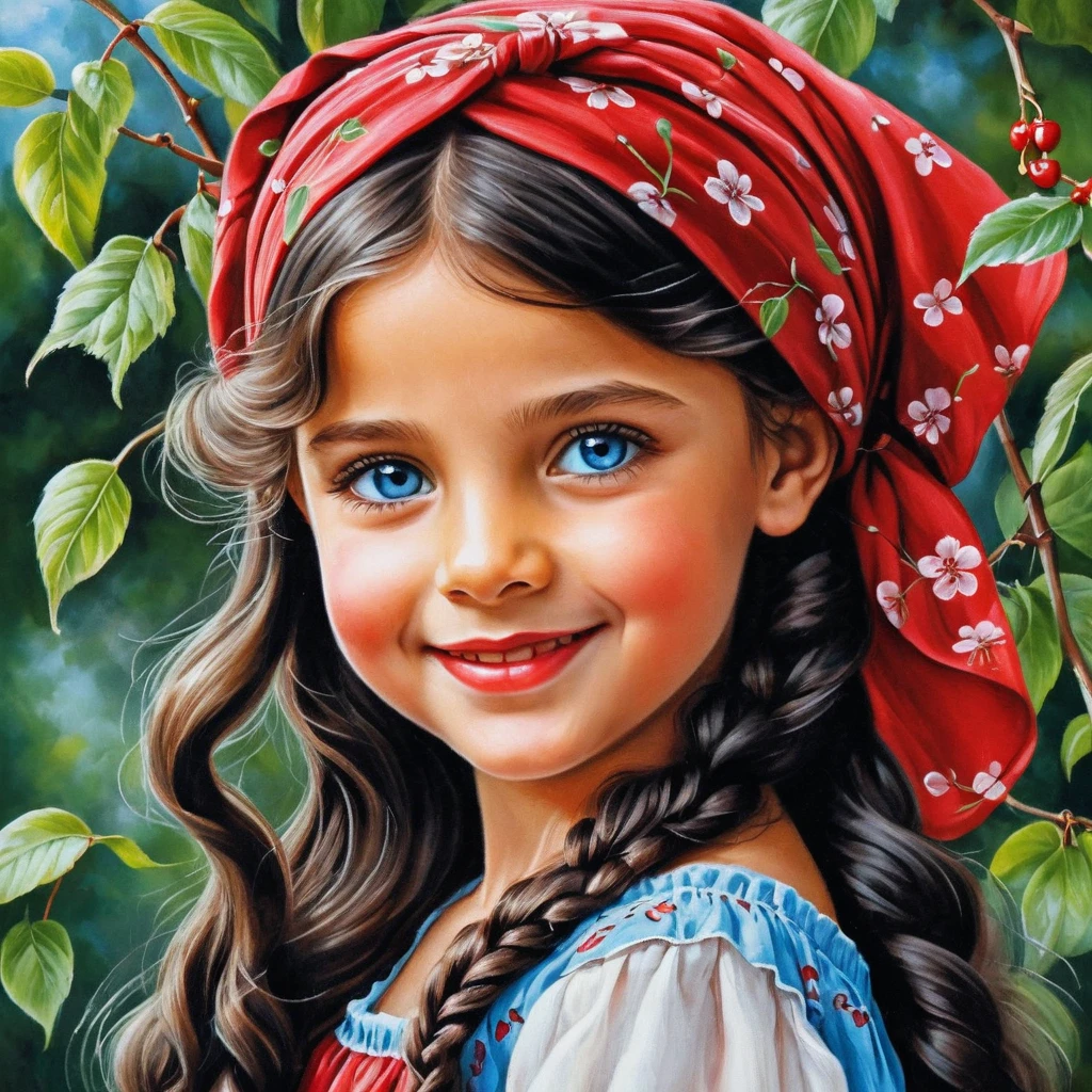 Bambina sorridente con vestito rosso ciliegia e lunghi capelli intrecciati