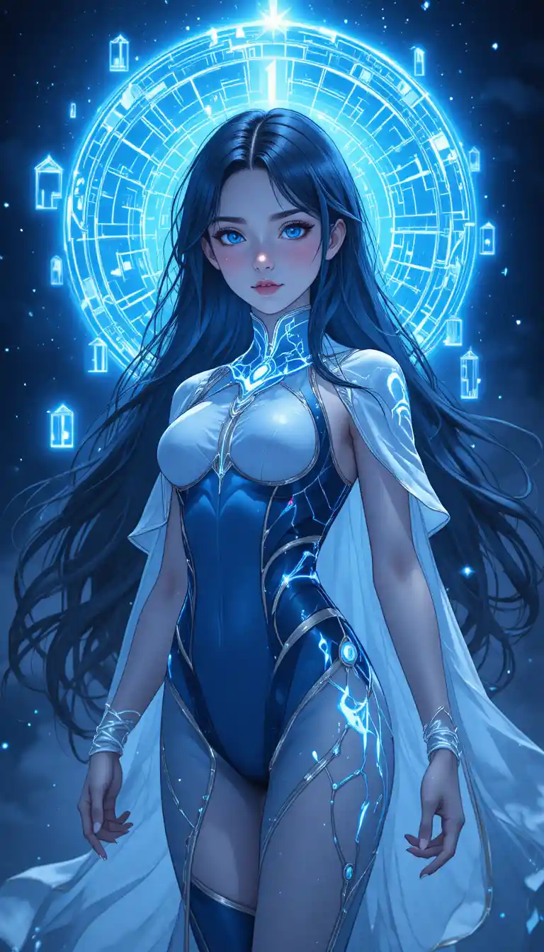 Young anime eliatrope girl with glowing portals and cape