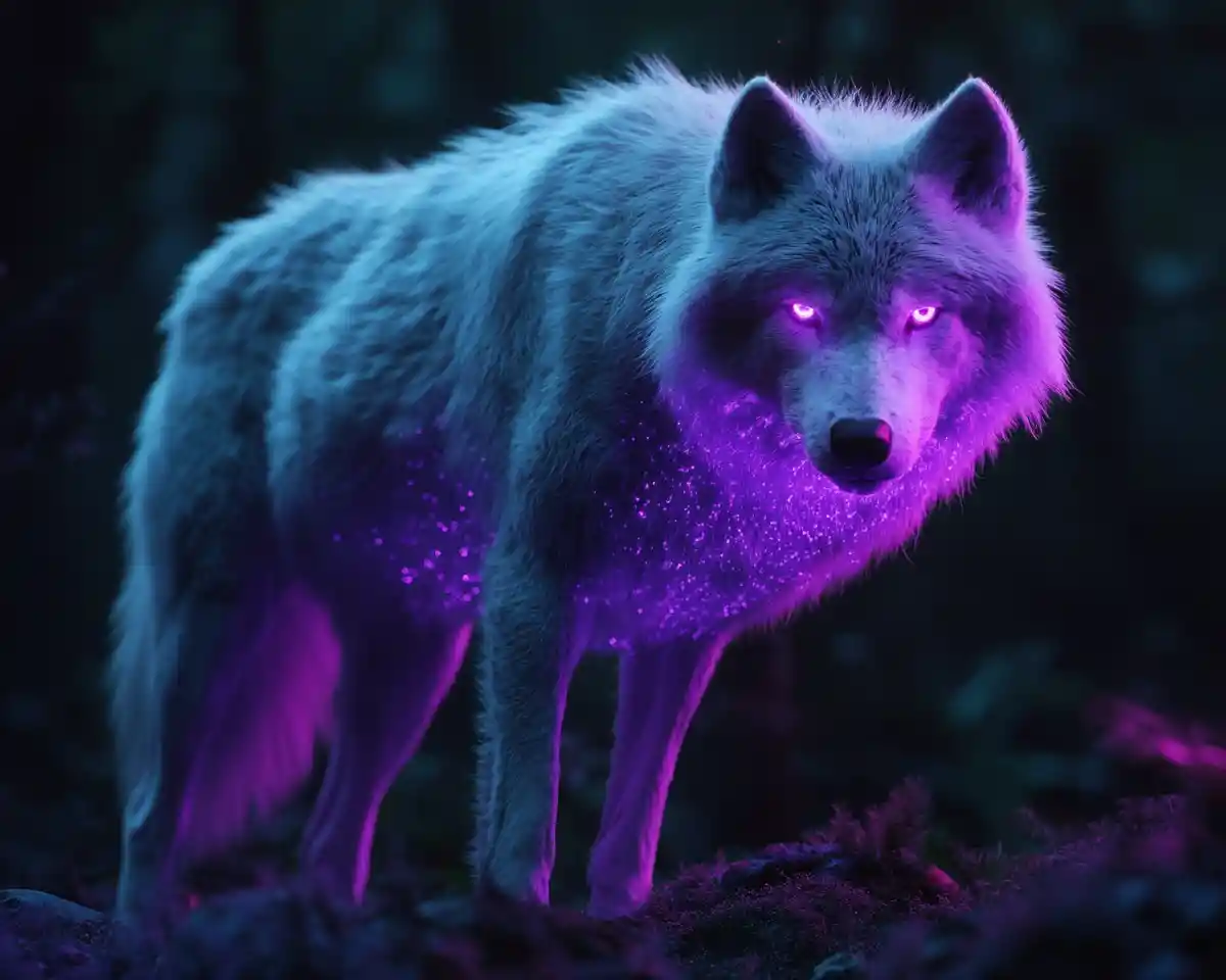 Lupo bianco che brilla di luce viola in una foresta oscura