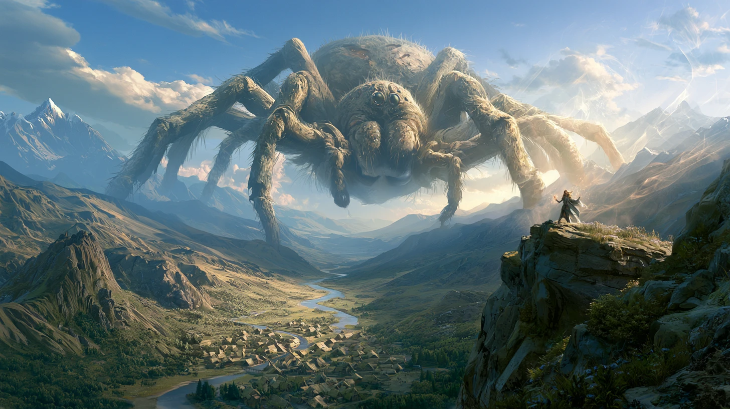 Giant Spider On Obsidian Throne Above Mountain Valley