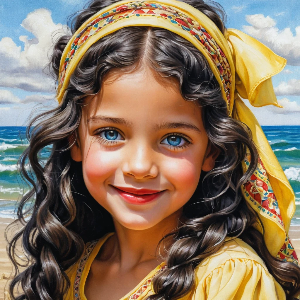 Smiling girl with long braided hair in yellow summer outfit
