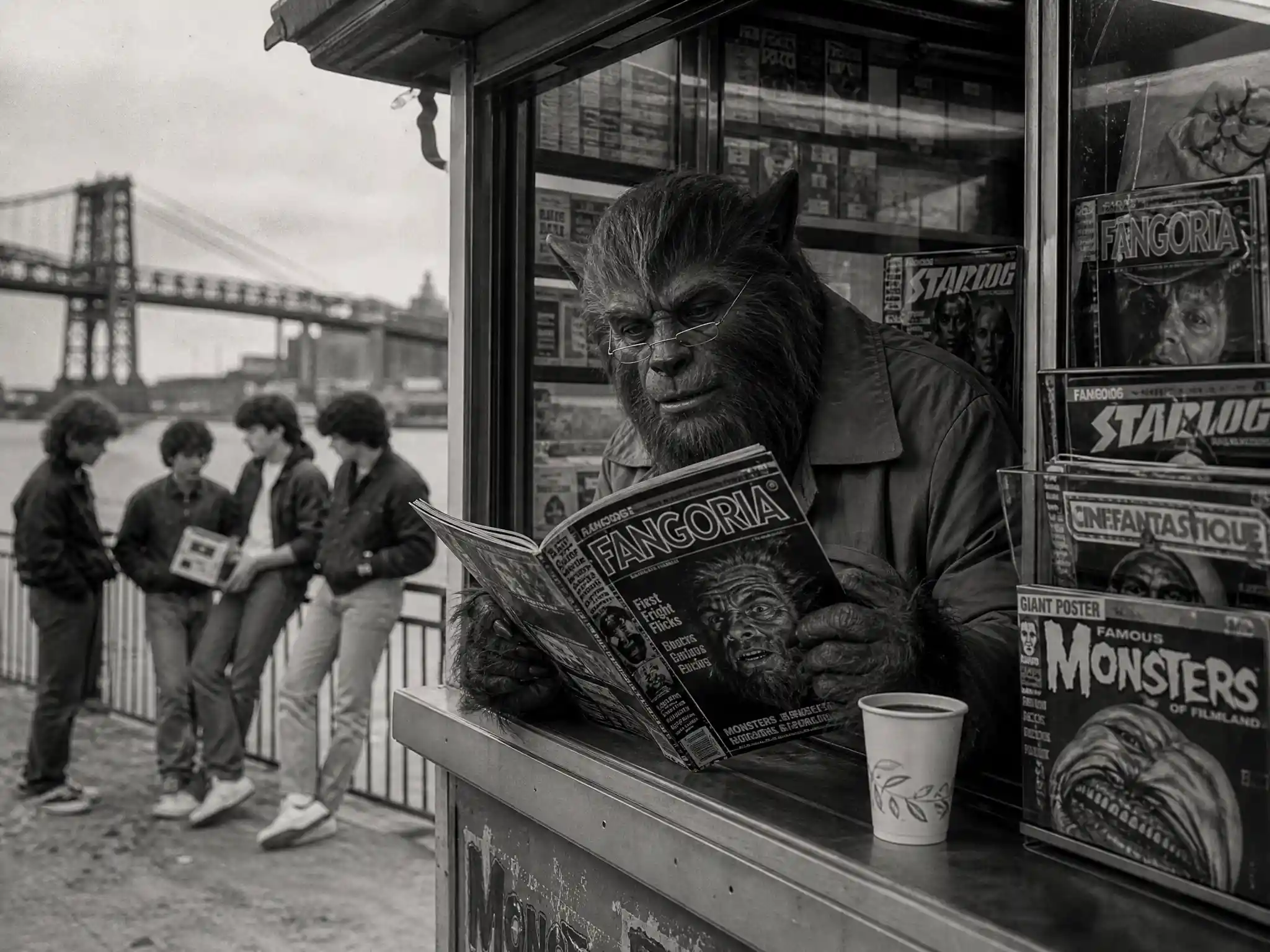 Older werewolf reading magazines in a street kiosk window