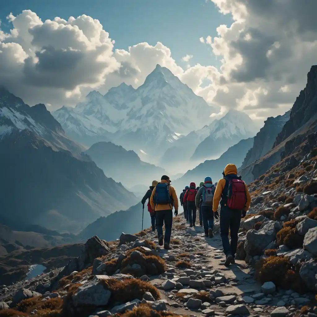 Guida alpina conduce turisti lungo un sentiero roccioso sull’Himalaya