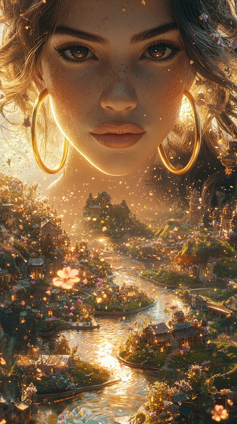 Ethereal giant woman rising above a glowing fantasy world