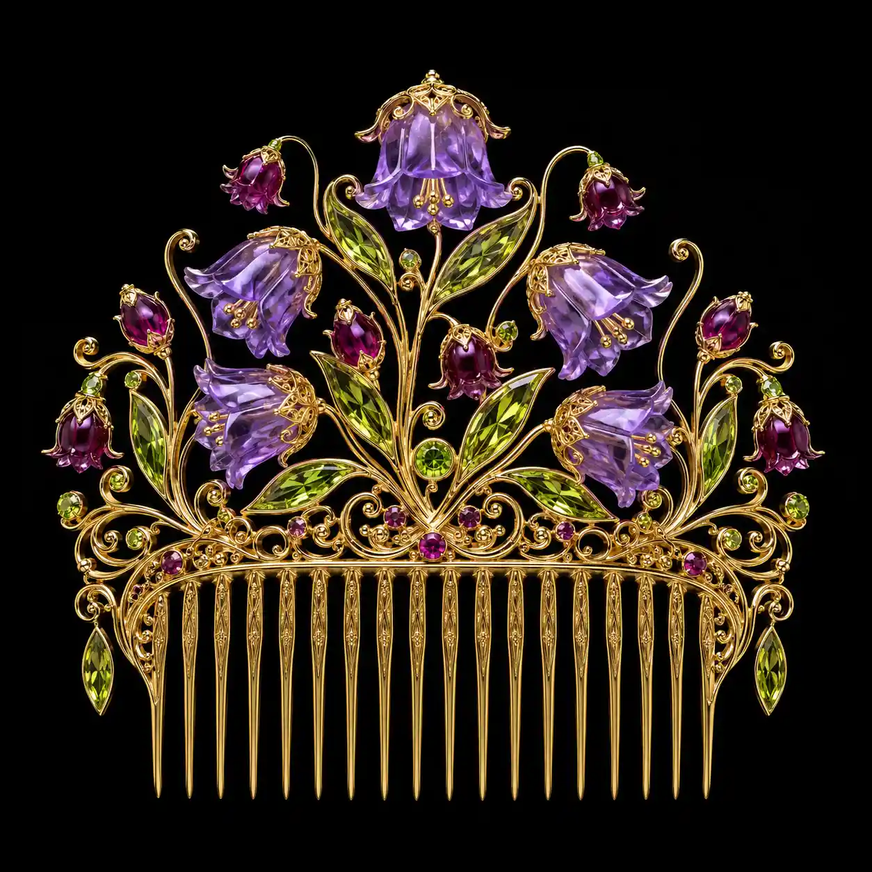 Gold filigree hair comb with amethyst and peridot bellflowers