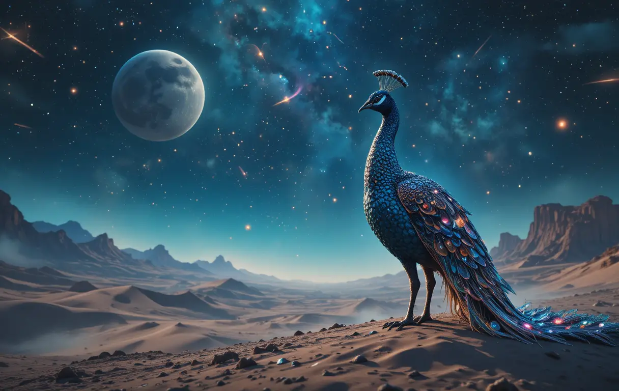 浩瀚外星沙漠中的宇宙孔雀