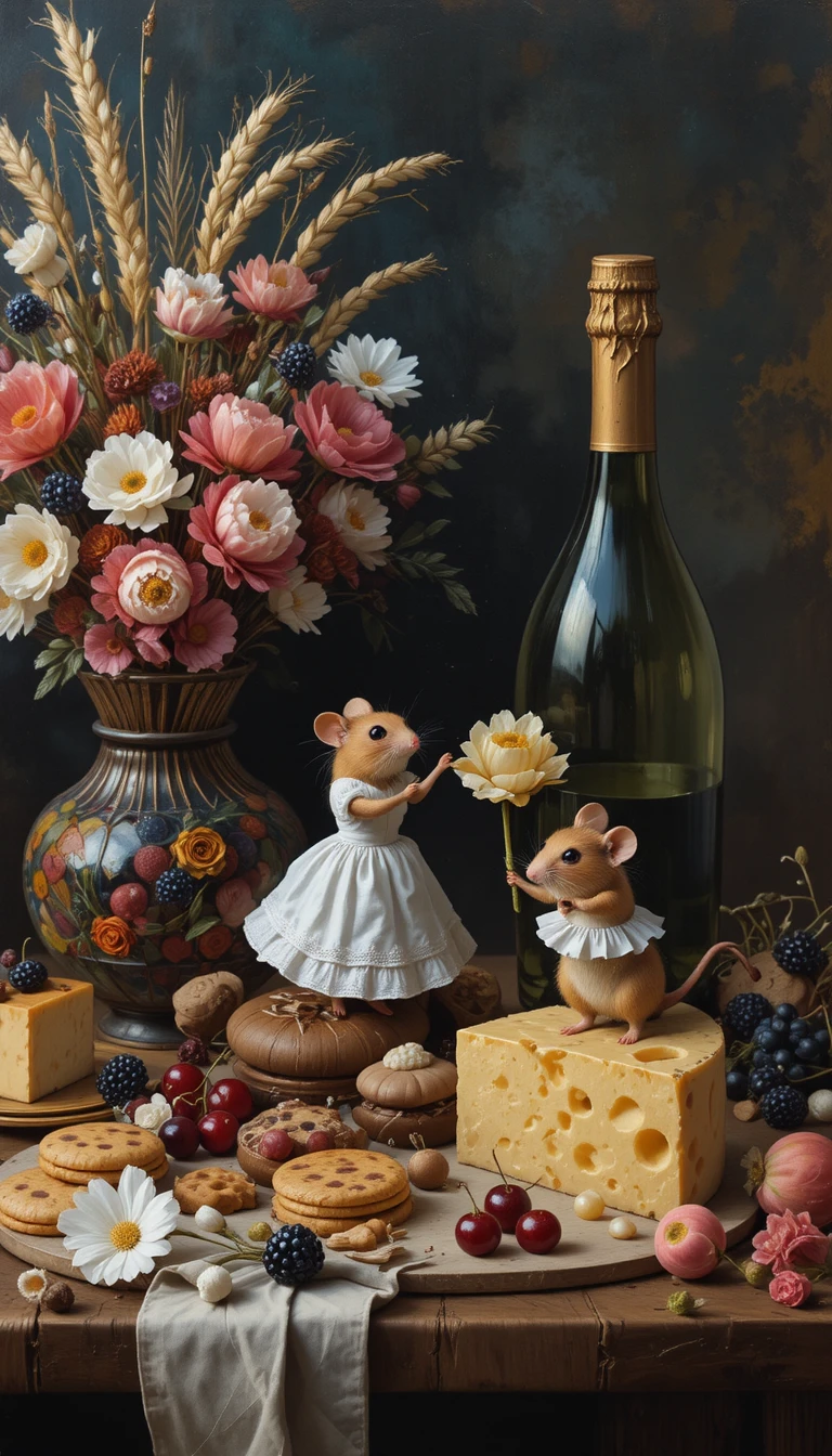 Whimsical mice dancing in a surreal night still life