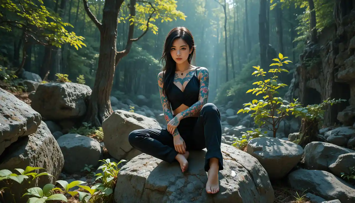Tattooed Asian girl sitting on mossy rock in forest