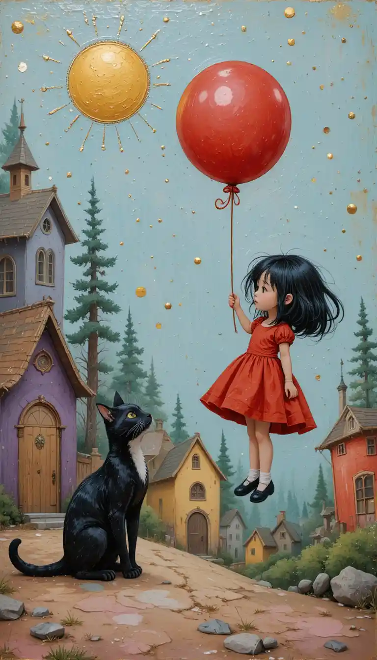 Whimsical girl floating with a red balloon over quirky houses