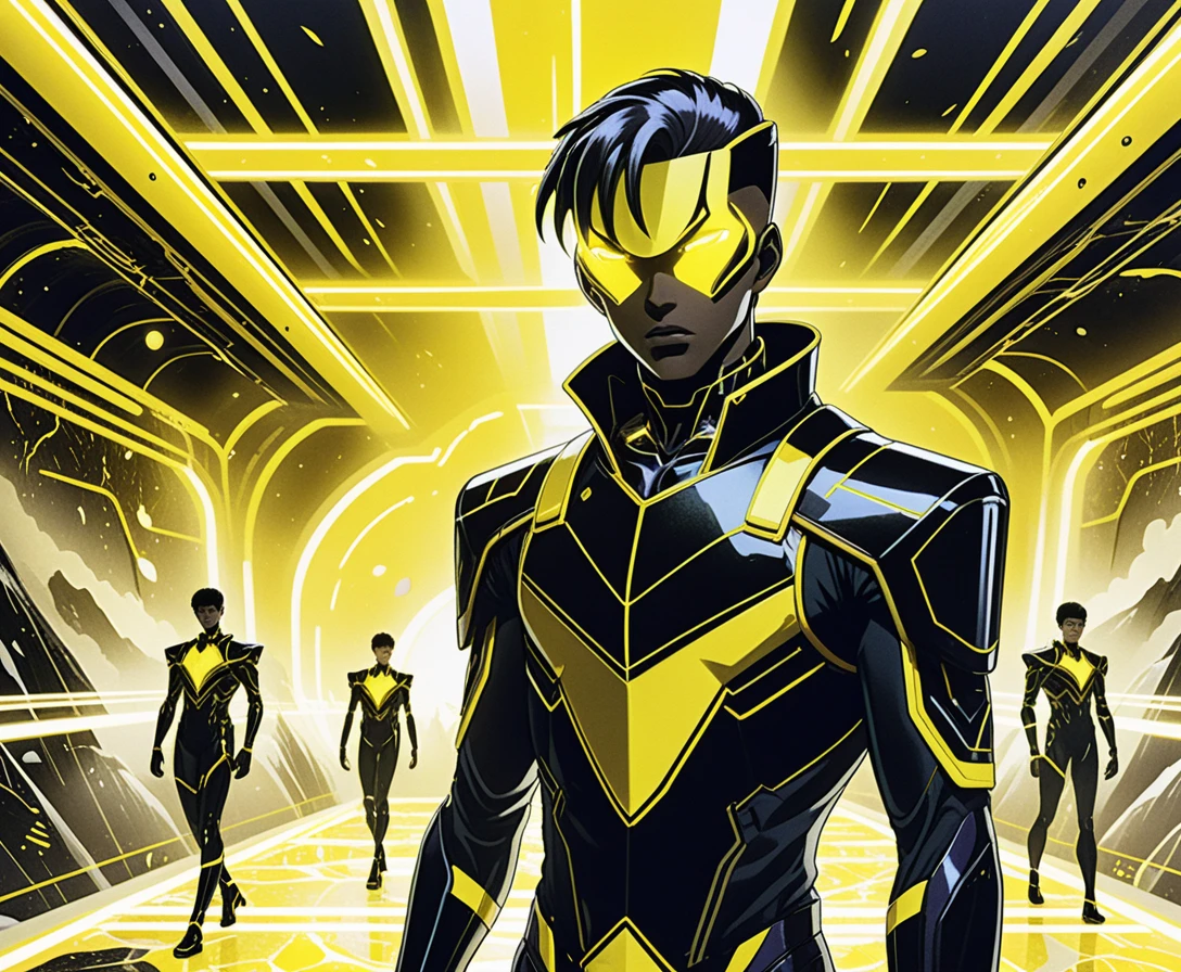 Anime boys in neon lit sci fi facility with yellow fog