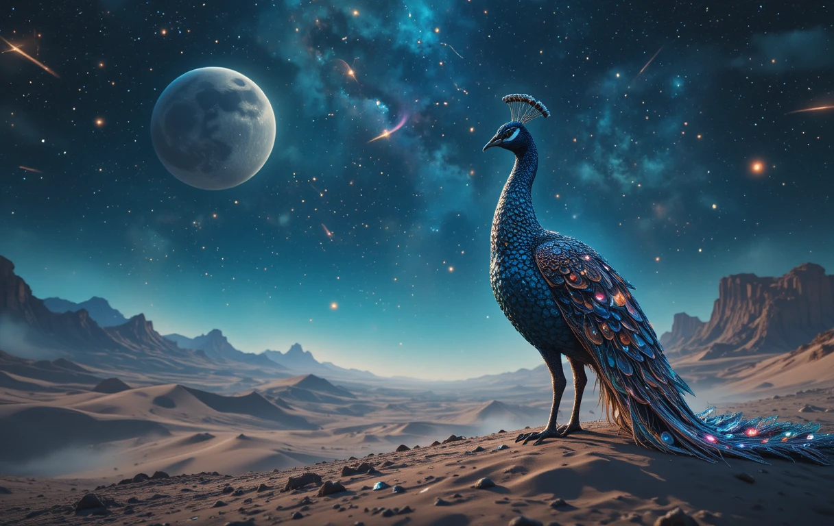 Cosmic peacock standing in a vast alien desert