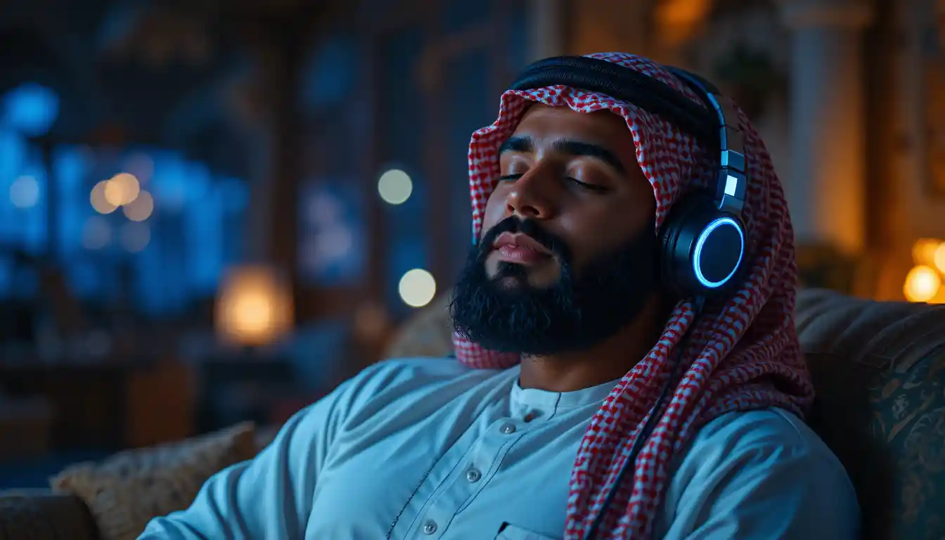 Middle Eastern man relaxing with headphones at night