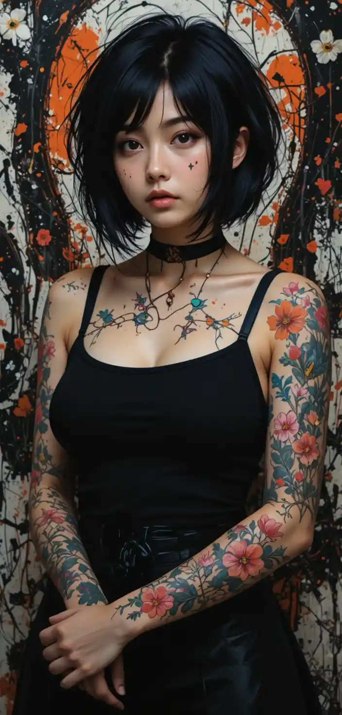 Tattooed Asian woman in black against abstract splashes