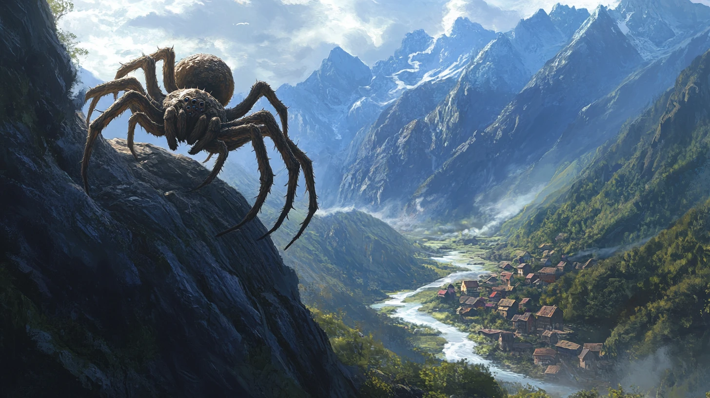 Giant Spider On Obsidian Throne Above Mountain Valley