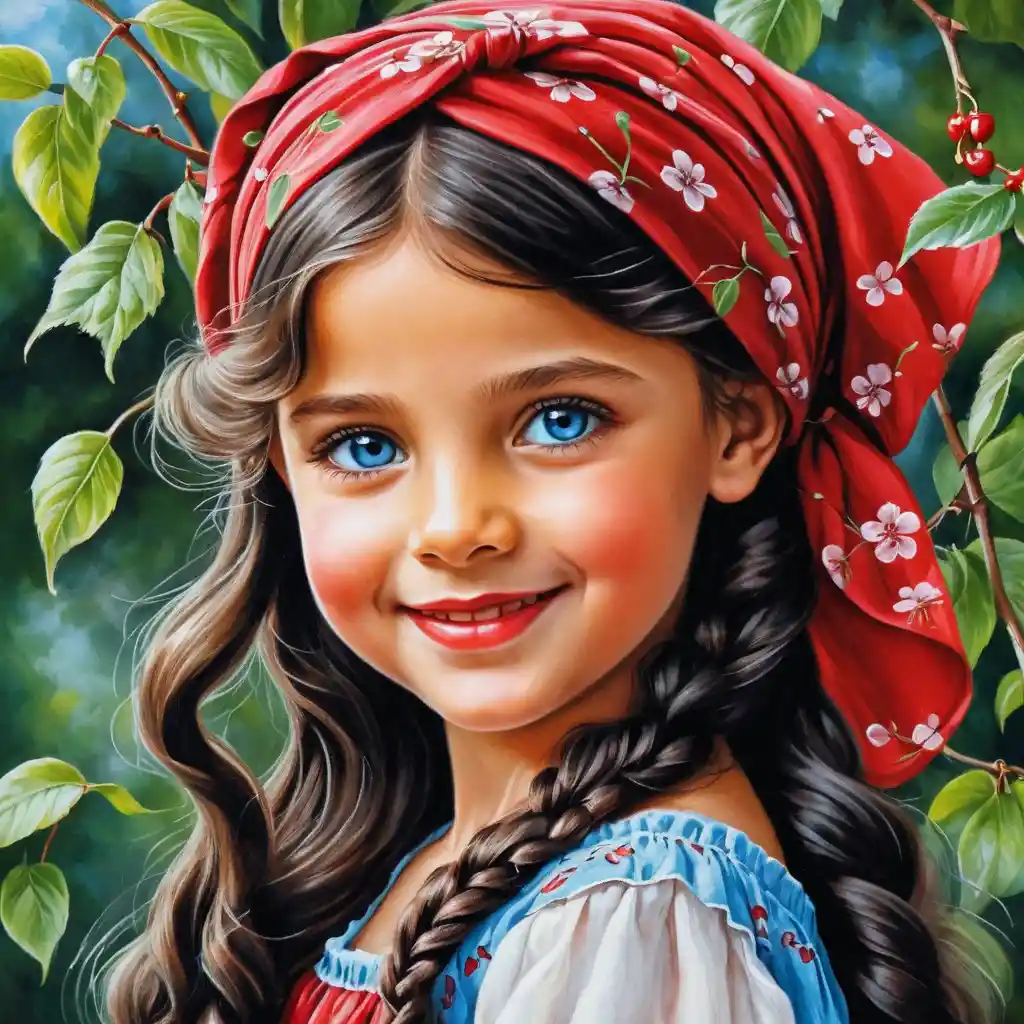 Smiling girl in cherry red dress with long braided hair