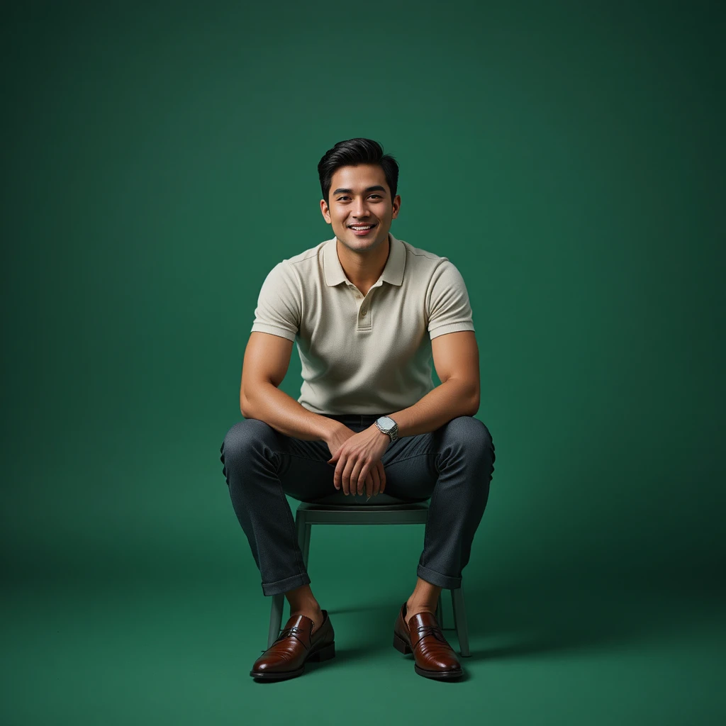 Stylish Malaysian man seated in a minimalist studio portrait