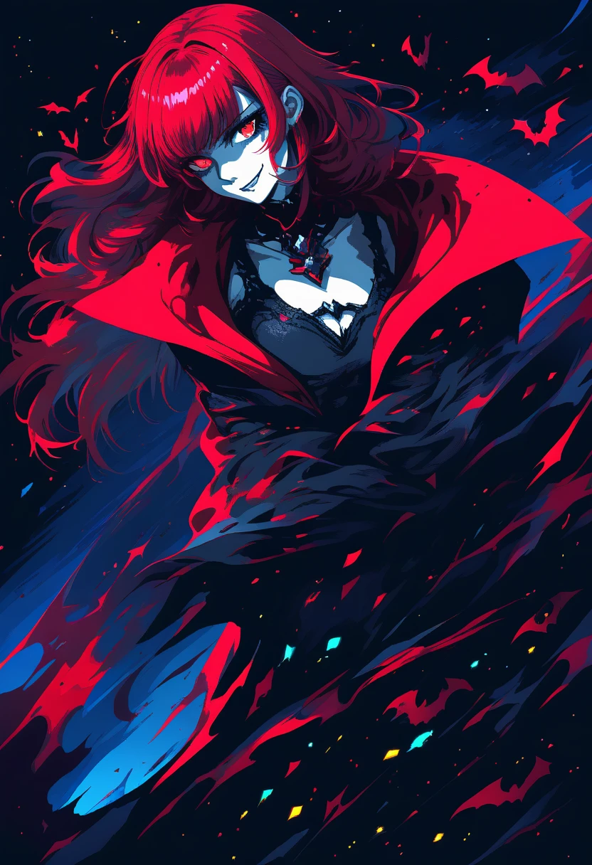 Pixel art vampire woman under a serene starry night sky