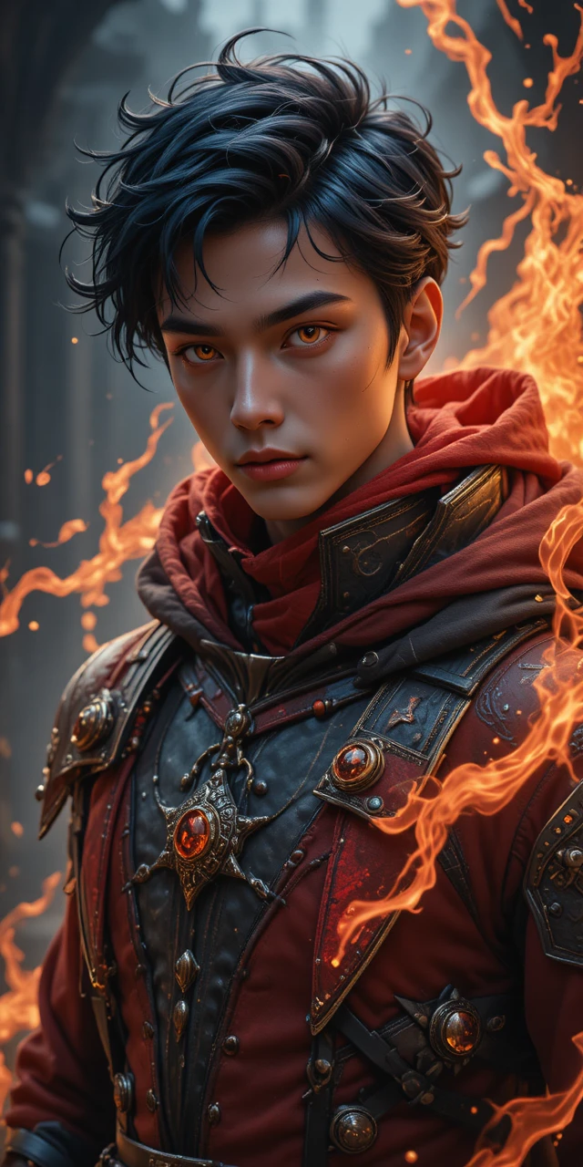 Young draconic warrior with glowing amber eyes and aura
