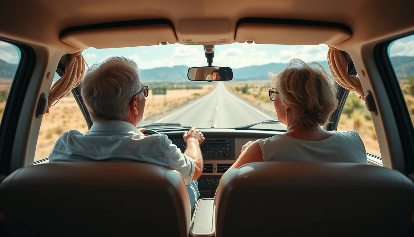 Senior couple traveling in a camper van on summer highway