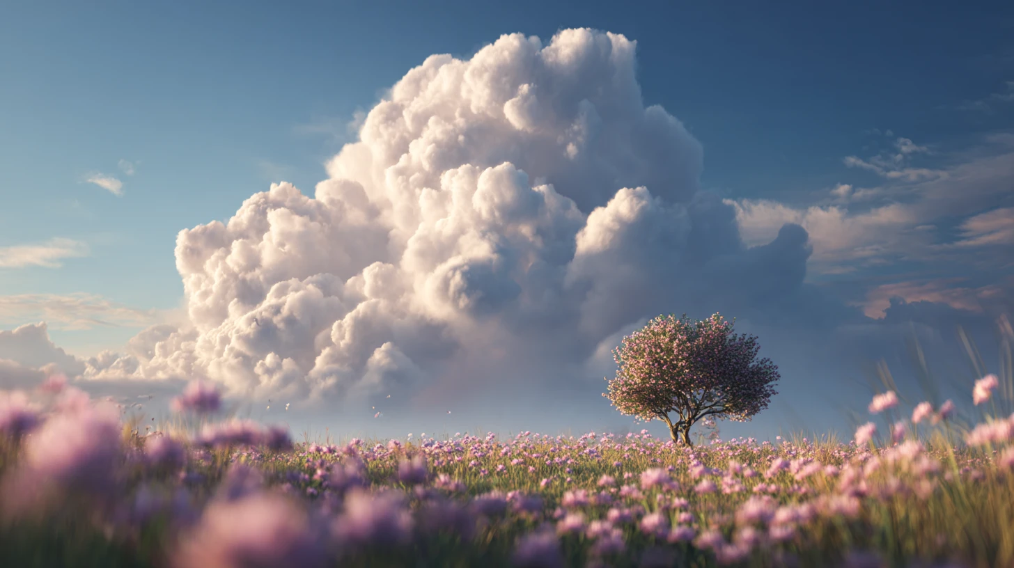 Lone tree in pink wildflower meadow under towering clouds