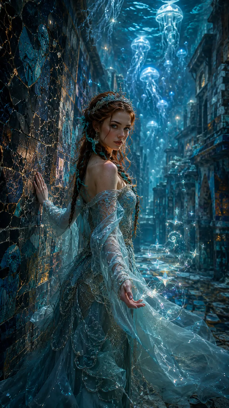 Underwater princess standing in glowing jellyfish lit ruins