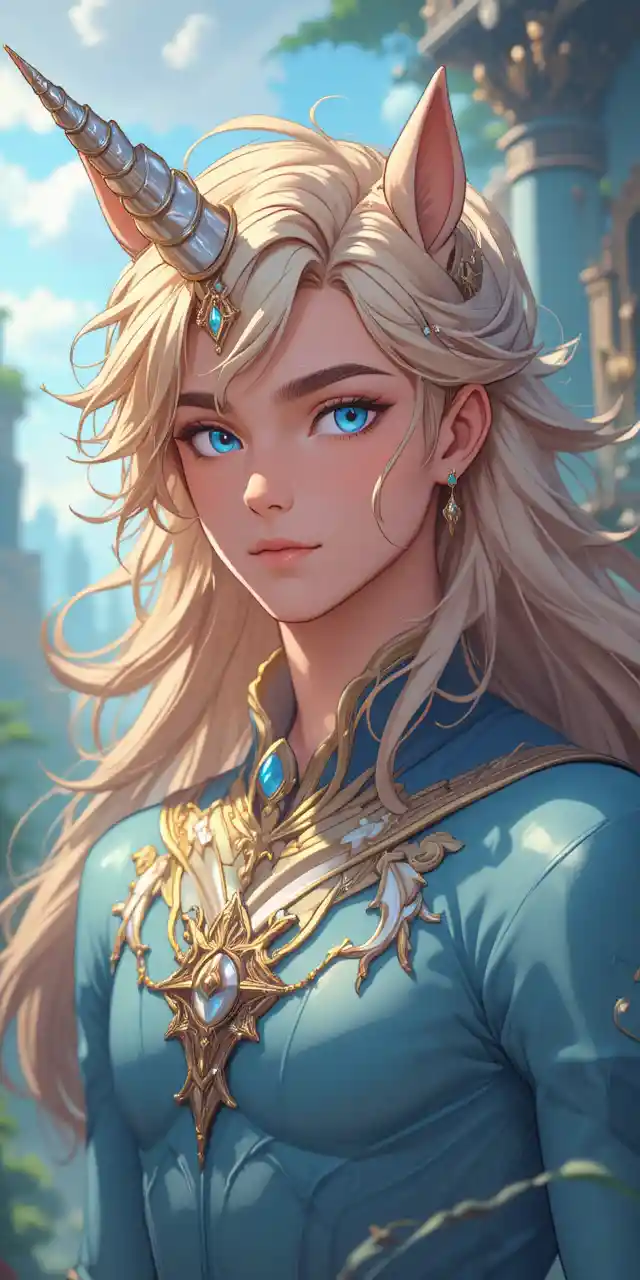 Young fantasy boy with unicorn and nymph heritage in anime