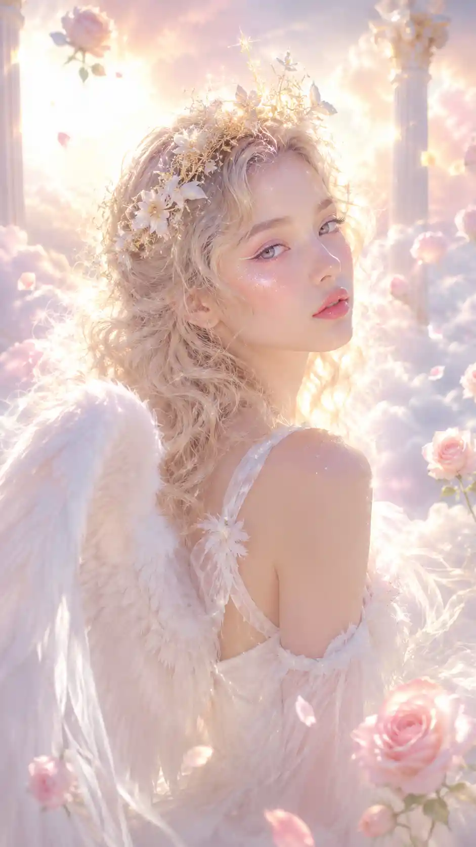 Teen angelic girl portrait on glowing pastel cloud platform