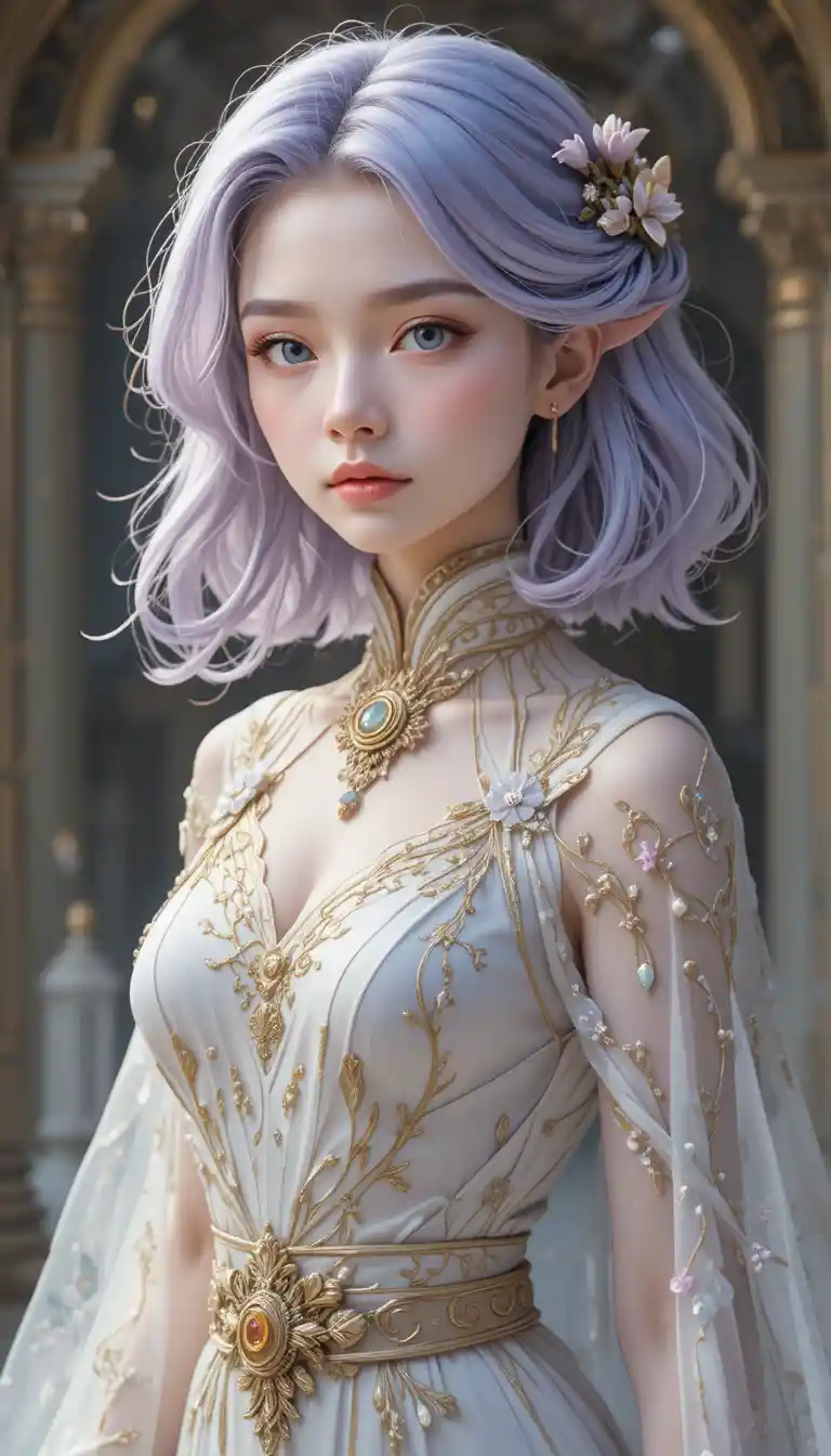 Graceful anime fairy healer girl in white and gold robes