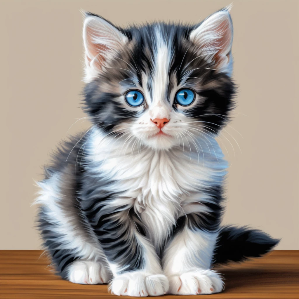 Fluffy blue eyed tabby kitten in colored pencil cartoon