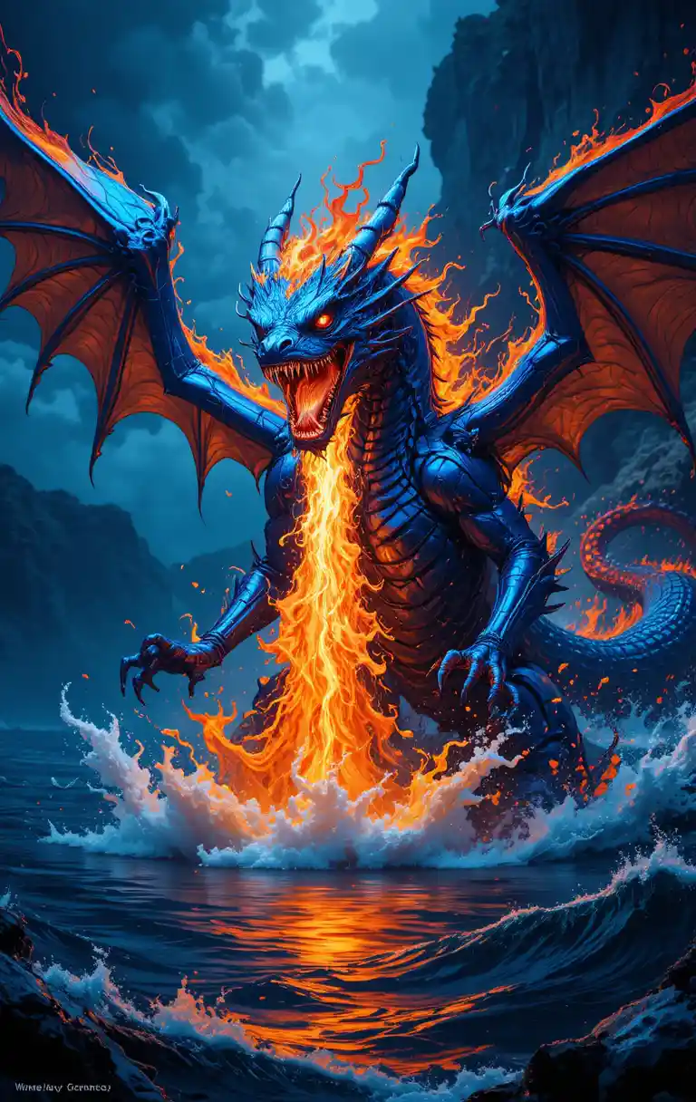 Fiery blue dragon soaring above the ocean waves