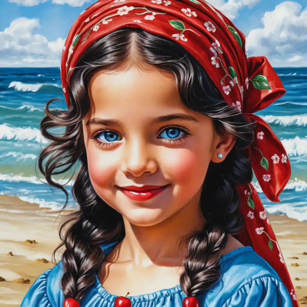 Smiling blue eyed girl in red summer dress illustration