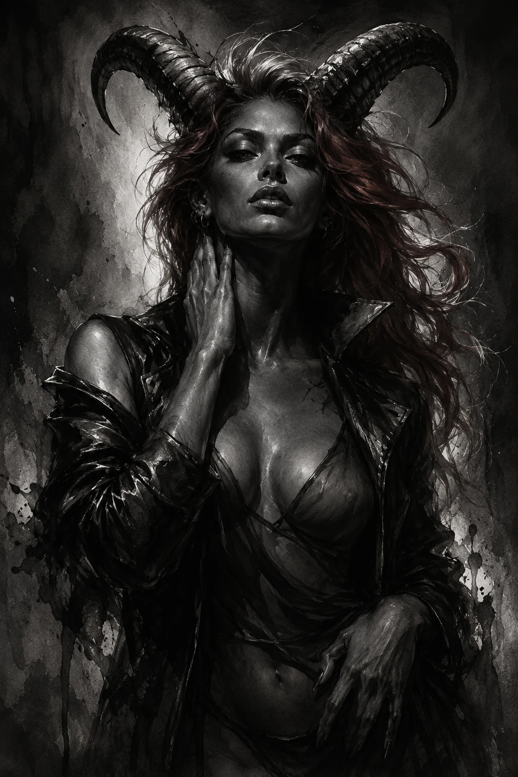 Demonic woman portrait in dramatic chiaroscuro studio lighting