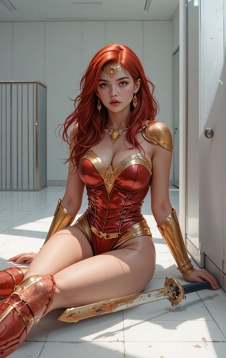 Red haired warrior woman in a sleek superhero suit