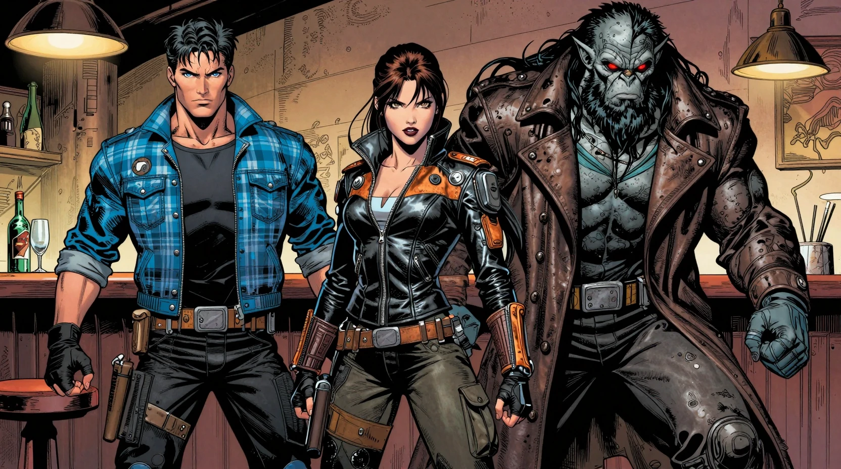 Space fantasy trio facing danger in a gritty bar