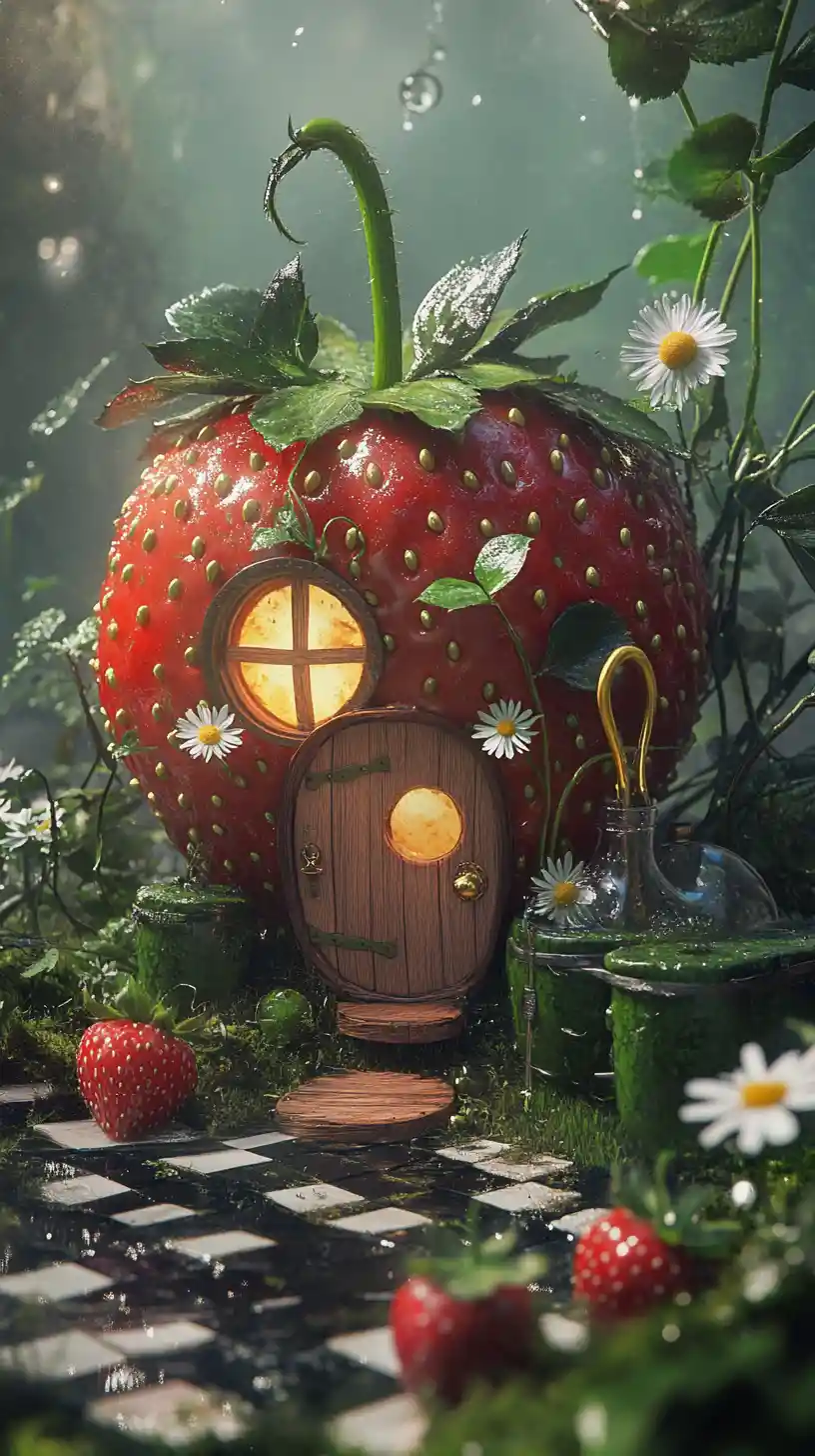 Fairy tale strawberry cottage amid daisies and rain boots