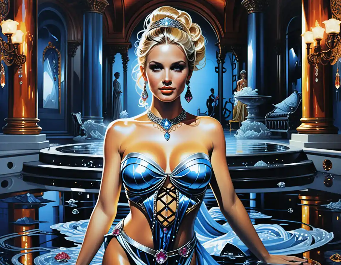 Ethereal water goddess in a luxurious mosaic palace pool