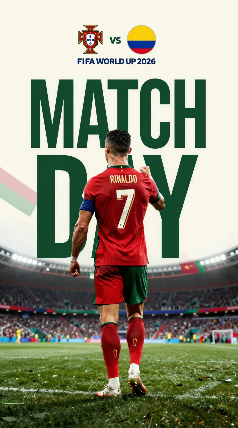Poster del giorno partita di Cristiano Ronaldo con audace sfondo dello stadio