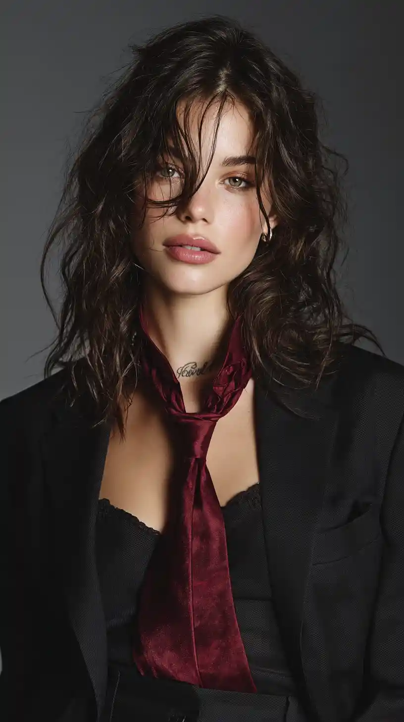 Elegant woman in black suit against burgundy studio backdrop