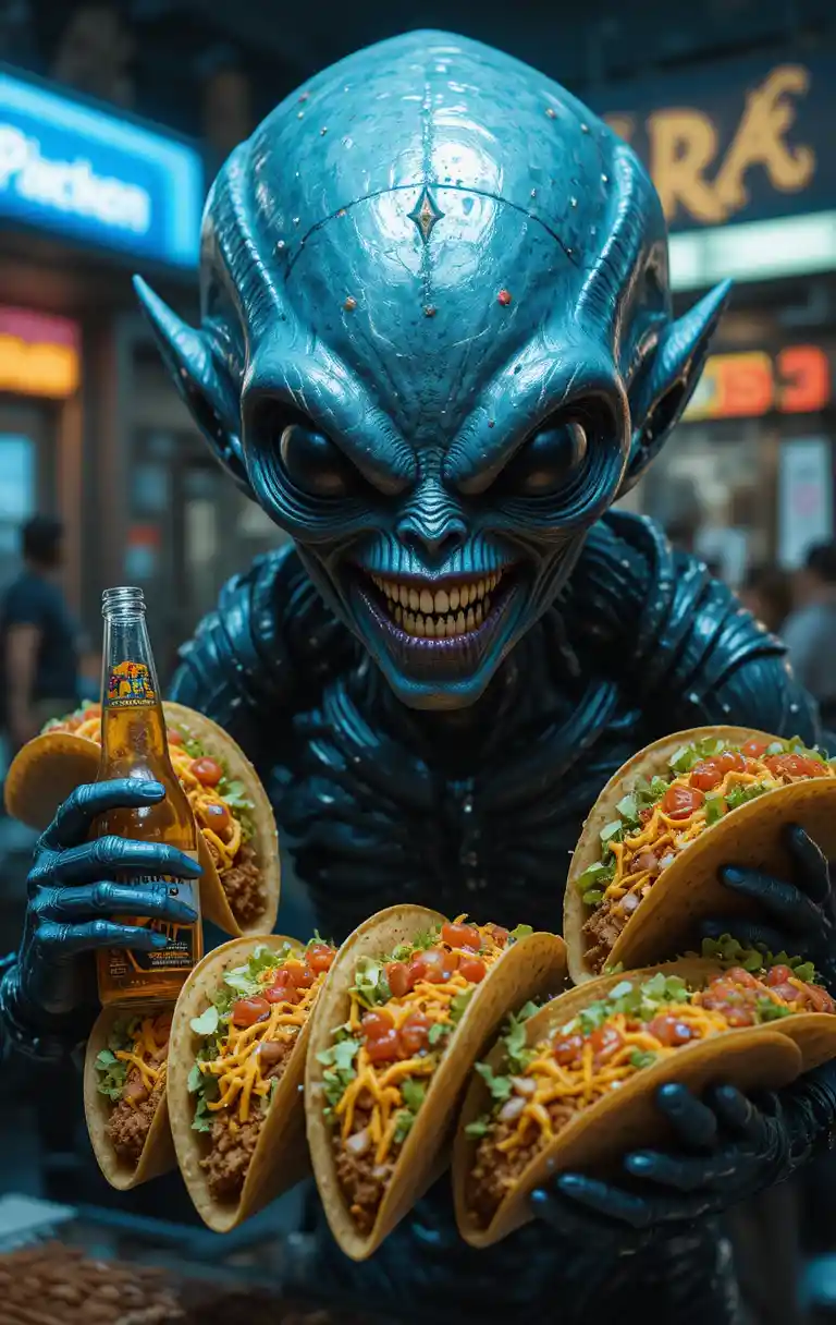 Menacing alien clutching tacos inside a fast food restaurant