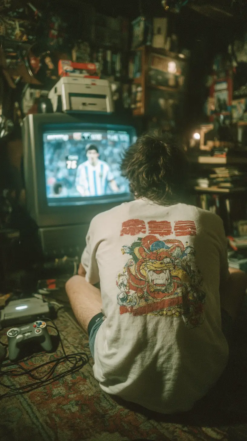 Man playing retro console on floor in dim bedroom